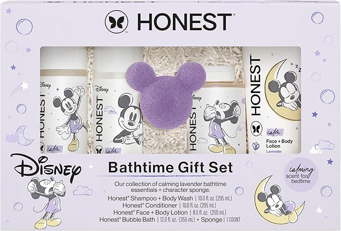 The Honest Company Calm Lavender Bathtime Gift Set and Disney Design Hypoallergenic Bath for Sensitive Baby Skin Shampoo Body Wash Face Lotion Bubble Conditioner Sponge