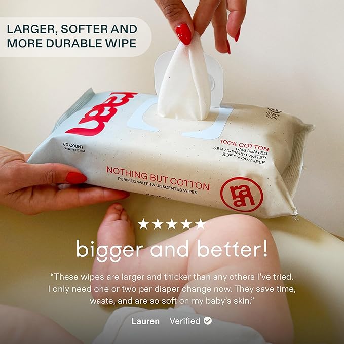 Raan, 100% Cotton Baby & Toddler Wipes, Unbleached, 99% Purified Water, Unscented, EWG verified, Made for Sensitive Skin, Extra Soft and Durable, 8 pack, 480 Count