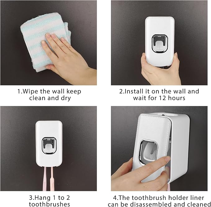 2 Slot Toothbrush Holder and Toothpaste Dispenser Wall Mounted, Automatic Toothpaste Squeezer, 2 in 1 Tooth Brush Toothpaste Organizer for Shower (White 2Pack)