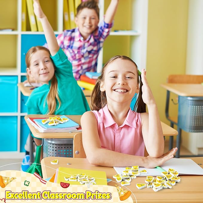 CJiangpo 60Pcs Pizza Mini Erasers for Kids, Cute Cartoon Pencil Rubber Eraser, Novelty 3D Desk Puzzle Pizza Day Themed Party Favors Filler Kids School Classroom Prizes Gifts
