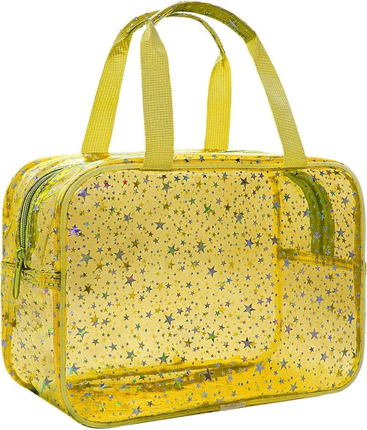 Clear Yellow Star Large Makeup Bag with Star Pattern 12x5x8 inch, Travel Cosmetic Bag with Handle, Durable PVC Material Washbag Zipper Opening Design for Makeup Travel Organizer or Gym Use