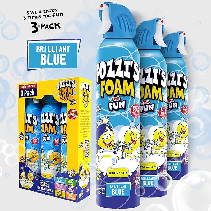FOZZI’S Brilliant Blue Bath Foam Soap for Kids (3 Pack) - Fun Aerosol Spray - Fluffy Bubble Soap for Playtime - Gentle Cleanser Foaming Body Wash - Safe Bath Fun for Everyday Wash