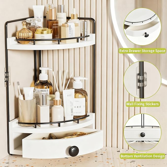 2-Tier Corner Bathroom Counter Organizer with Drawer & Embedded Screw Holes - Wooden Countertop Organizers for Skincare, Makeup Storage, Bathroom Sink Counter Shelf for Vanity, White