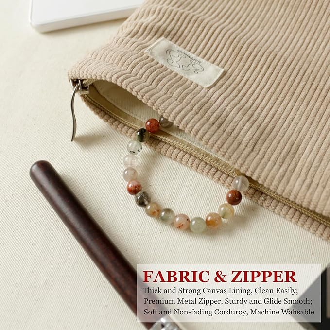 HAPPYHEIDI Creamy Light Khaki Corduroy Makeup Bag Cosmetic Toiletry Travel Pouch, Make Up Accessory Purse Organizer, Canvas Lined