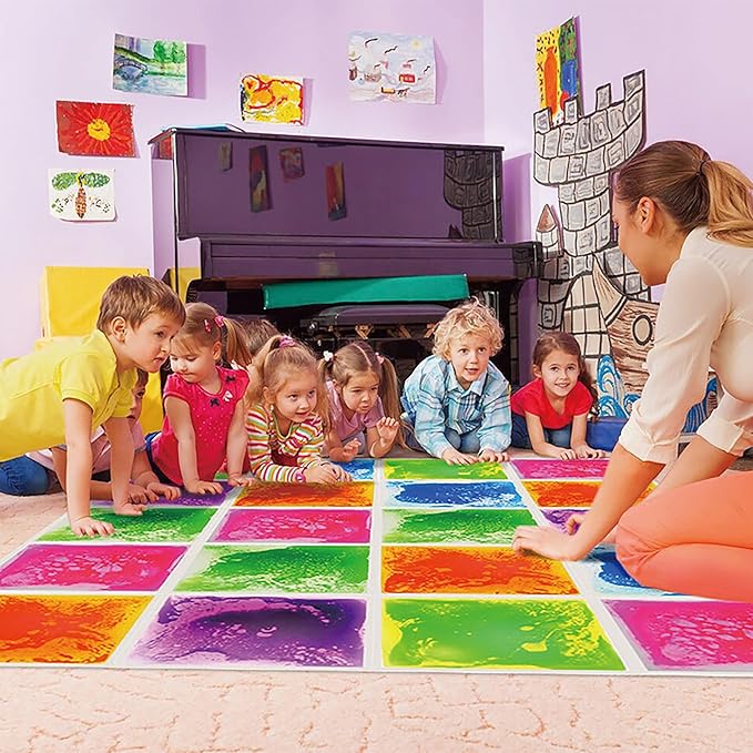 Sensory Liquid Floor Tiles for Autism, Activity Play Mats for Kids,Sensory Early Learning Room, Square Decorative Tiles Multi-Color with Anti-Slip Backing 12" X 12" Pack of 9 PCS