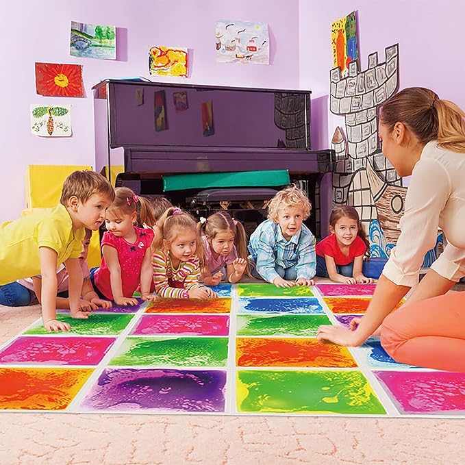 Sensory Liquid Floor Tiles for Kids, Decorative Tiles for Autism, Early Learning Toys, Activity Play Mats with Anti-Slip Backing, Multi-Color Set of 4 Pack 12" x 12"