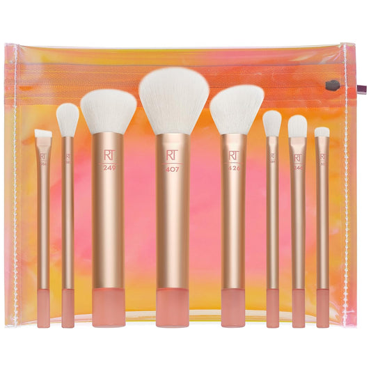 Real Techniques 9 Piece The Wanderer Makeup Brush Set, For Liquid, Cream, & Powder Eyeshadow, Foundation, Concealer, Blush, & Contour, Travel Midi-Size Brushes, Cruelty-Free, Synthetic Bristles