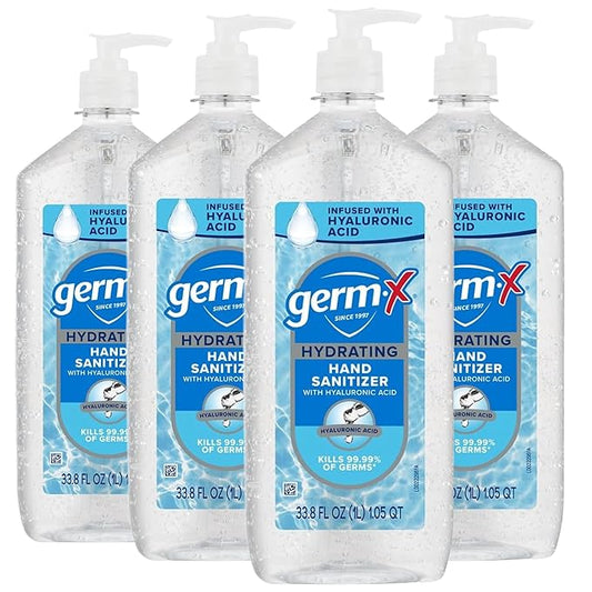 Germ-X Hydrating Hand Sanitizer, with Hyaluronic Acid, 1L (Pack of 4) Bulk Pack, No Rinse Formula, Sanitizing Liquid Gel for All Skin Types, Formulated without Parabens, Phthalates & Dyes