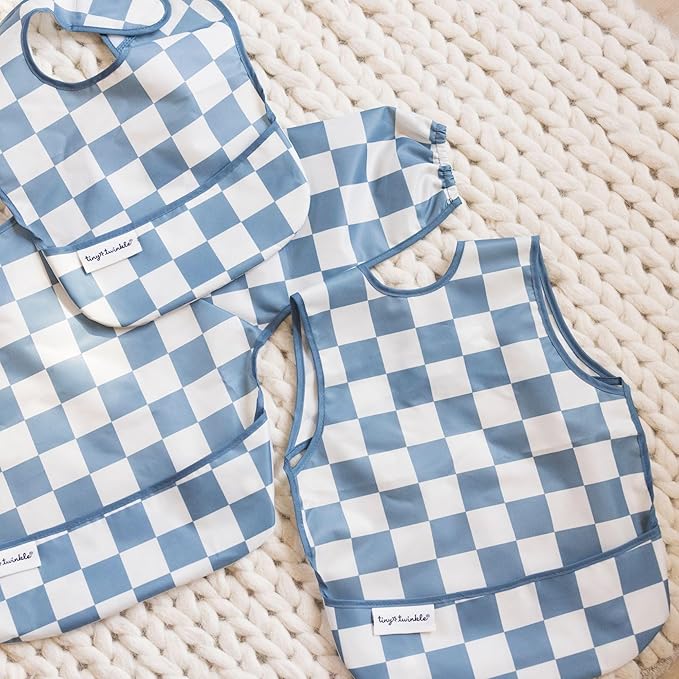 Tiny Twinkle Long Sleeve Bib for Babies & Toddlers – Waterproof Smock Bib for Eating – Machine Washable & Mess-Proof, Baby Feeding Essential & Shower Must-Have(Checkers Blue, 6–24M)