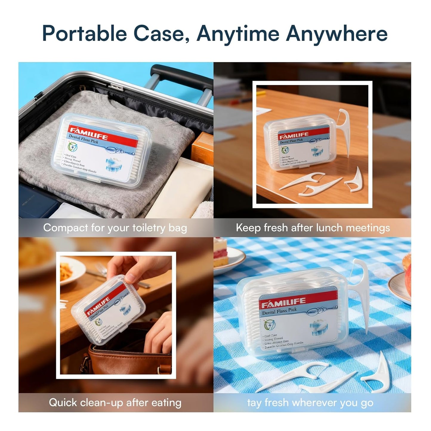 FAMILIFE Floss Picks, 240 Count Unflavored Dental Floss Cleaner, Tooth Picks Flossers with 4 Travel Handy Cases, Helps to Fight Tooth Decay and Keep Your Teeth Clean,Flossing Sticks for Family