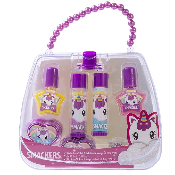 Lip Smacker Unicorn Nail Polish & Flavored Lip Balm Makeup Bag for Girls | Tote | Purse | Christmas Make Up Collection | Holiday Present | Gift for Kids Set of 7