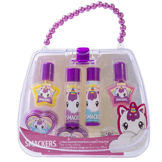 Lip Smacker Unicorn Nail Polish & Flavored Lip Balm Makeup Bag for Girls | Tote | Purse | Christmas Make Up Collection | Holiday Present | Gift for Kids Set of 7