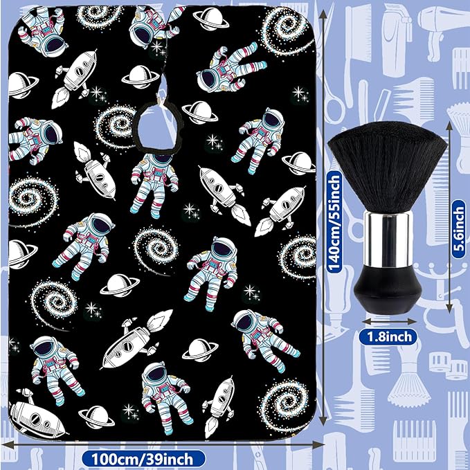 FEBSNOW Kids Hair Cutting Cape,Professional Kids Barber Cape and Neck Duster Brush Cartoon Hairdresser Apron with Adjustable Closure for Children Salon Barber Supplies(Astronaut Space Travel)