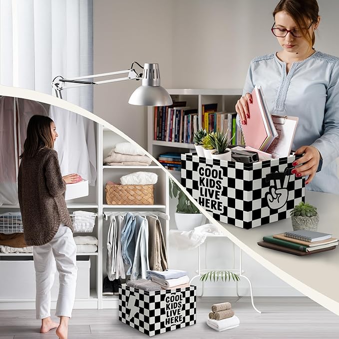 Cool Kids Live Here Boy Foldable Storage Bins Box with Handles, Black and White Checkered Collapsible Organizer Basket for Kids Boys Bedroom Bathroom Nursery Playroom Clothes Toys Books