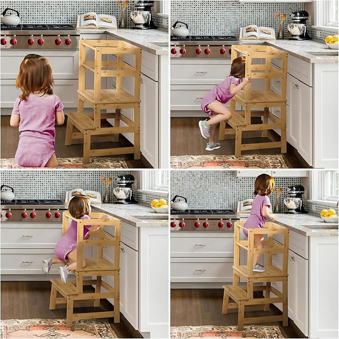 Kitchen Step Stool for Toddlers with Safety Rail, Wooden Toddler Standing Tower Kids Montessori Learning Stool Helper with A Anti-tip Structure for Kitchen Bathroom, Anti-Slip, Natural