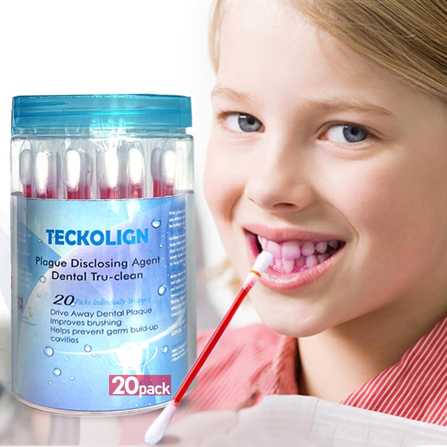 Dental Plaque Disclosing Agent, Plague Display Cotton Swab(not Tablets) Indicator, for Kids & Adults, Shows Plaque,Helps Teach Brushing Habits, Dental Care Kits, 20 Count in 1 Pack