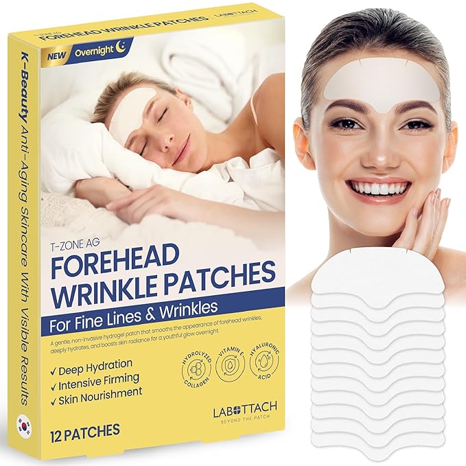 Labottach Forehead Wrinkle Patches Overnight 12ct Korean Hydrogel Anti Wrinkle Patches with Collagen and Vitamin E for Forehead Wrinkles and Frown Lines