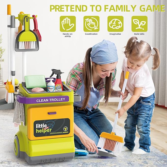 Kids Cleaning Set for Toddlers, Detachable 20 Pcs Pretend Play Set, Educational Toddler Cleaning Carts Includes Real Working Vacuum Cleaner, Broom, Spray Bottle and More(Green)