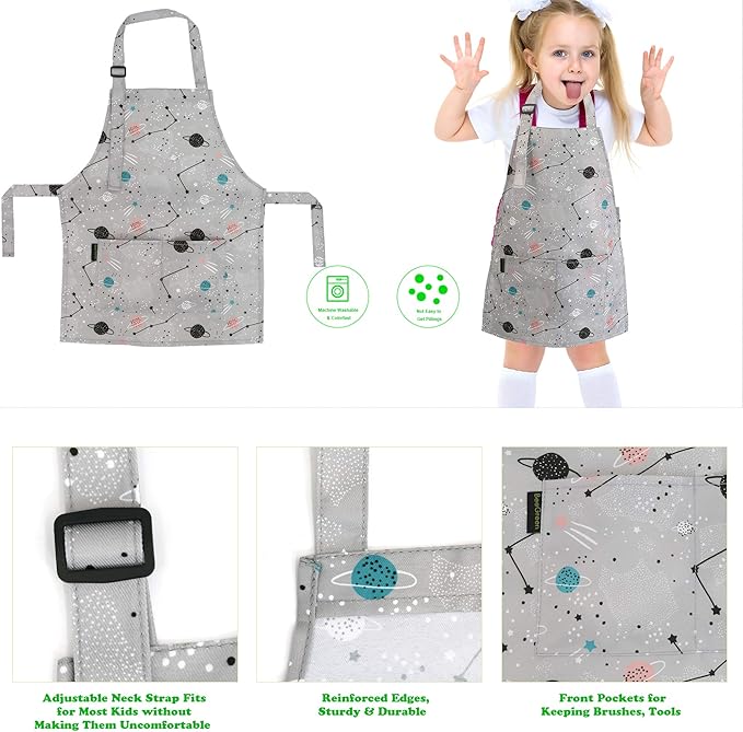 BeeGreen Kids Cooking Aprons w Adjustable Strap Kitchen Aprons w Front Pocket for Kids Toddler Painting Baking Artist