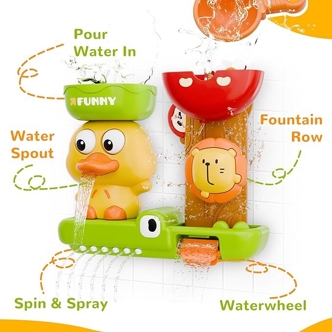 iPlay, iLearn Bath Toy for Toddlers 1-3, Baby Waterfall Duck Bathtub Toy W/ Suction Cup, Kid Bath Tub Shower Playset, Infant Bathtime Fun Birthday Stocking Gift 18 24 Month, 2-4, 3-5 Year Old Girl Boy
