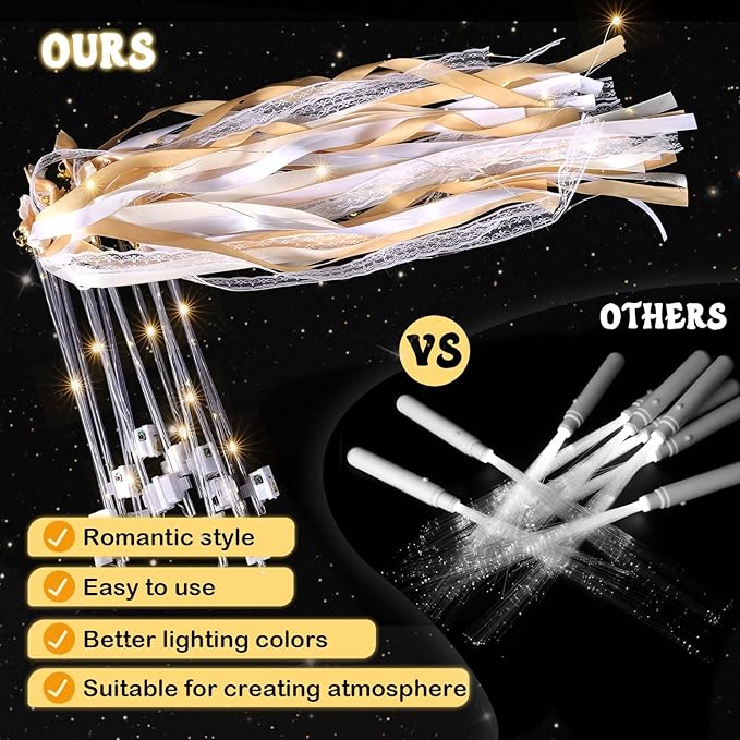 100 Pcs Wedding Wands Ribbon Streamers with 3 Colorful Flashing Modes, Light up LED Silk Fairy Wands, Glow Lace Stick with Bells for Wedding Reception, Graduation, New Year, Birthday Party (Champagne)