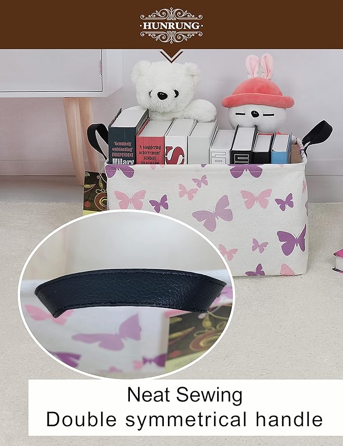HUNRUNG Rectangle Storage Basket Cute Canvas Organizer Bin for Pet/Children Toys, Books, Clothes Perfect for Rooms/Playroom(Rec-Butterfly)