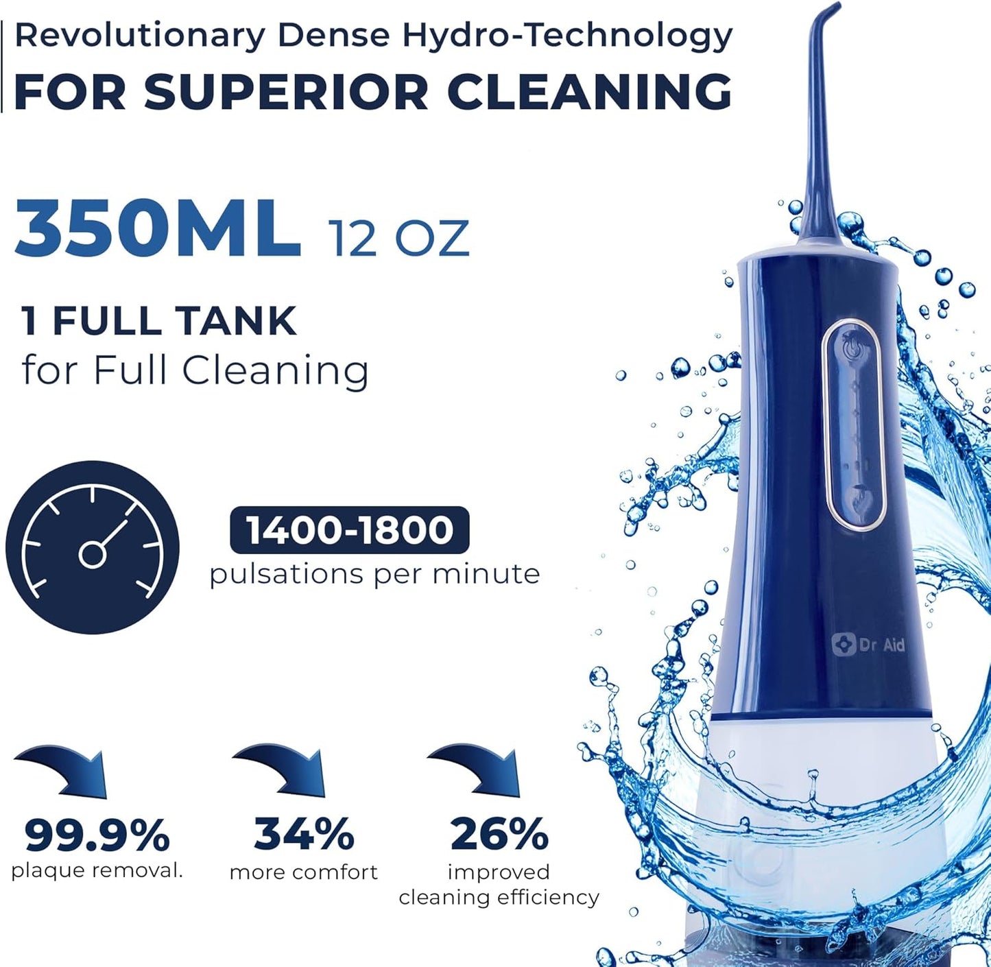 Dr. Aid Dental Water Flosser – Portable Oral Irrigator – 12Oz Tank, Water Filter, 5 Tips, Type C Charger – IPX8 Waterproof Cordless Water Flosser, Ideal Water Flossers for Teeth, Gums, Braces (Blue)