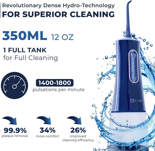 Dr. Aid Dental Water Flosser – Portable Oral Irrigator – 12Oz Tank, Water Filter, 5 Tips, Type C Charger – IPX8 Waterproof Cordless Water Flosser, Ideal Water Flossers for Teeth, Gums, Braces (Blue)