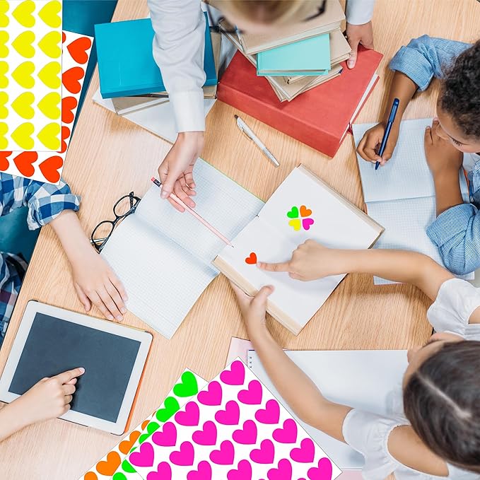 YSHIHE Fluorescent Heart Stickers, 1650 Pieces, Neon Colors, 3/4 Inch Mini Labels, 55 Sheets for Party, Gift Packaging, Decorating