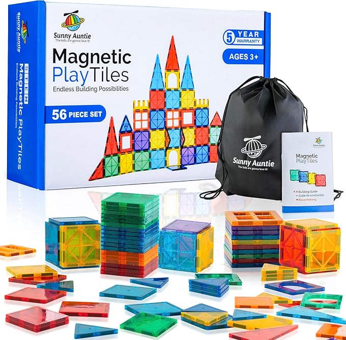 Magnetic Tiles 56 PCS, Magnetic Tiles for Kids & Toddlers Ages 3-8, Magnet Toy for 3 4 5 6 7 8 Year Old Boys Girls Kids & Toddlers, Magnet Blocks Building Set STEM Toy, Great Gift for Kids aged 3-8