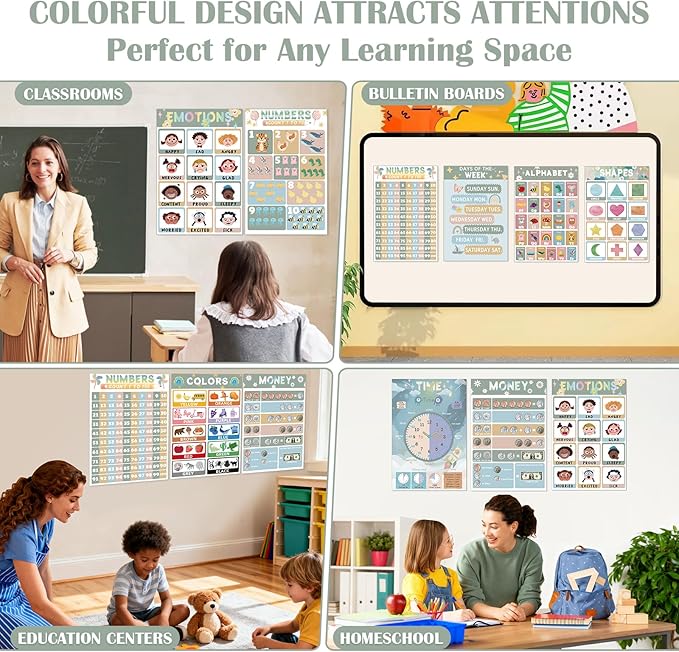16 Educational Posters for Preschoolers, Laminated PreK Learning Poster Charts for Toddlers 1-3, Learning Wall Charts for Kids’ Bedroom, Playroom, Preschool, Kindergarten and Homeschool (Morandi B)