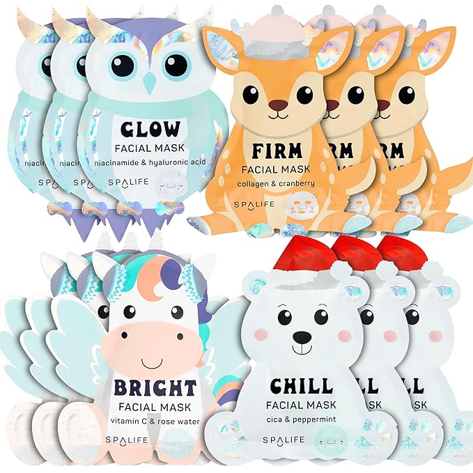 SpaLife Beauty Winter Wonder Animals Christmas Face Mask Bundle | Korean Facial Masks | Hydrating, Firming and Glowing Sheet Mask Set | Christmas Gifts for Women | 12 Pack