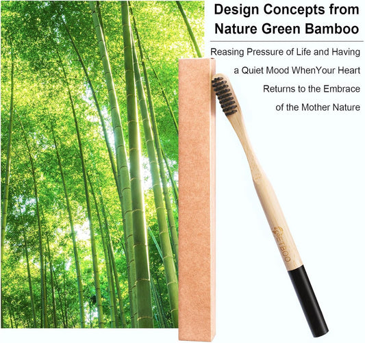 Bamboo Toothbrushes Medium Hard Bristles for Adults 10 Pack, Wooden Toothbrush Family Set Natural Organic Tooth Brush Black White