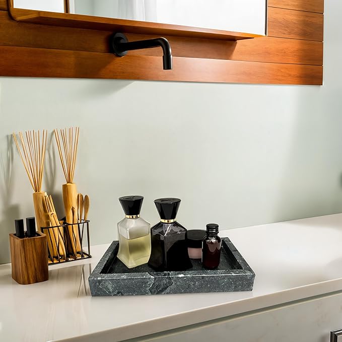 Natural Green Marble Tray for Bathroom | Kitchen | Vanity | Desktop, Stone Organizer for Coffee Table, Dresser, Nightstand, Candles, Soap, Towel, Plant, Jewelry (10" x 6"), Rectangular