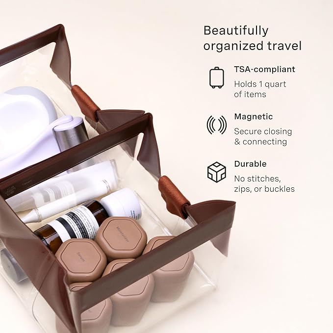 Cadence Parcel - Clear Kit with Magnetic Closure - Durable and Leak-Resistant Travel Toiletry Kit - TSA-Compliant & Modular Design - Hygiene Bag for Travel Essentials - 1 Qt - Chestnut