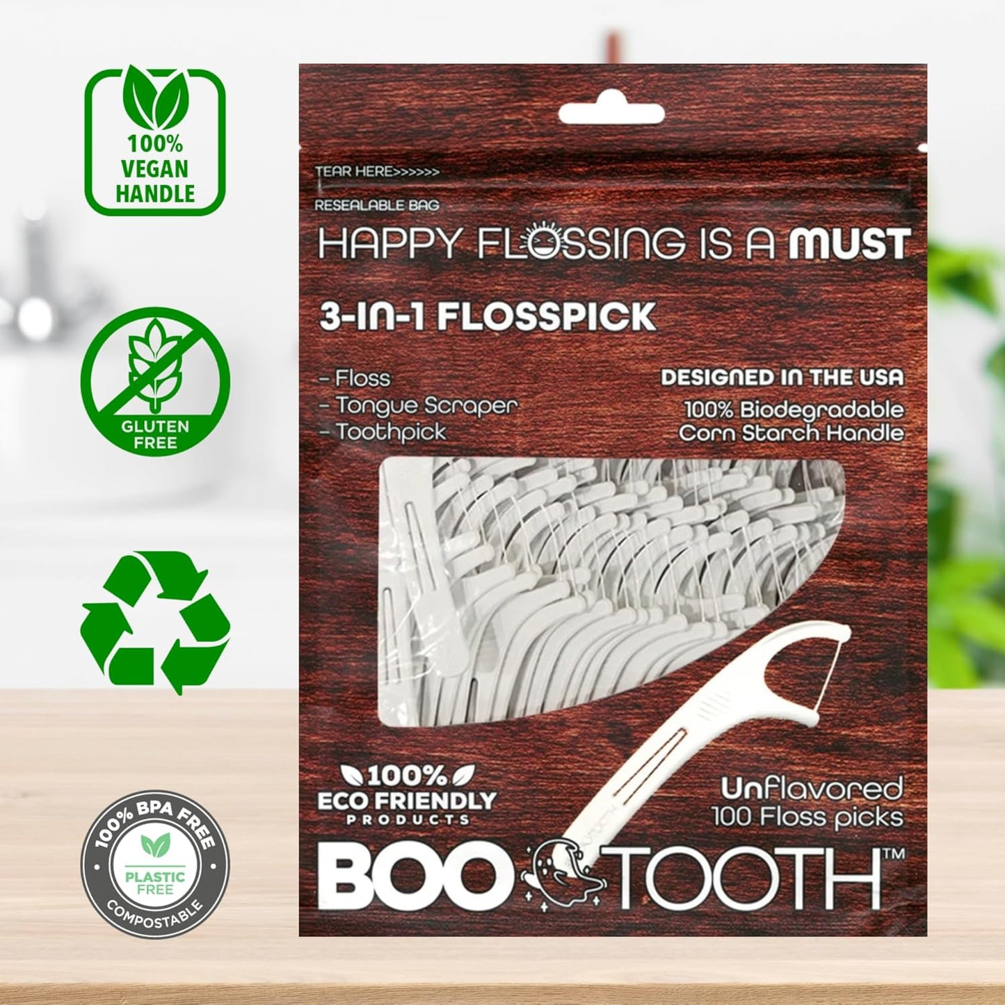 World’s First Eco-Friendly 3-in-1 Dental Floss Pick – Thin Flosser with Foldable Toothpick & Tongue Scraper – 100 Count, Biodegradable, Unflavored 100 Picks