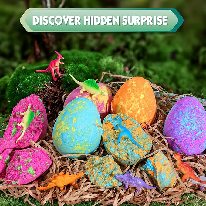 Aofmee Bath Bombs for Kids with Dinosaur Toy Inside, Easter Basket Stuffers for Toddler, Handmade Bubble Dinosaur Eggs for Boys Girls Gift Set for Birthday Christmas