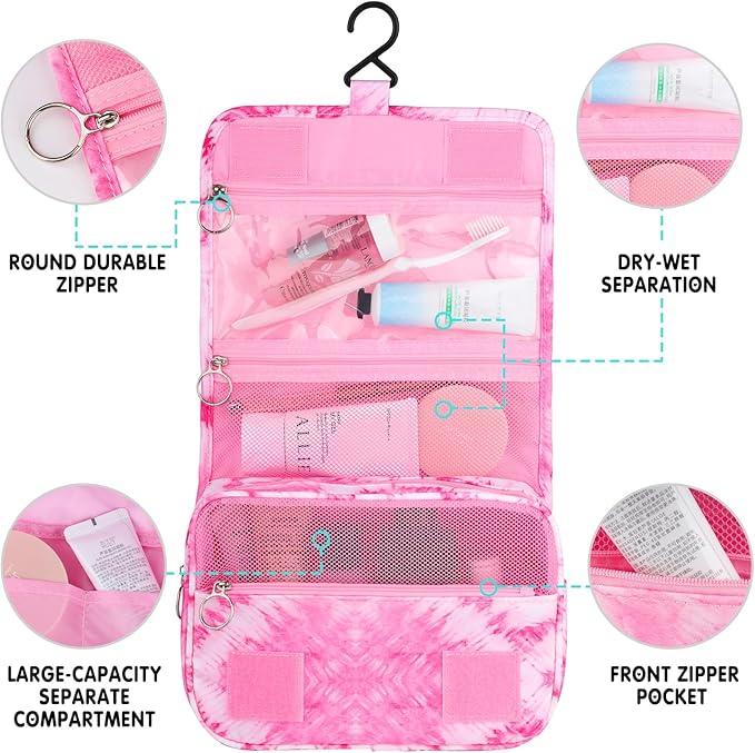 Kids Hanging Toiletry Bag for Girls, Travel Toiletry Bag for Teen Girls Cosmetic Makeup Waterproof Wash Bag Traveling Toiletries, Tie Dye Pink Heart