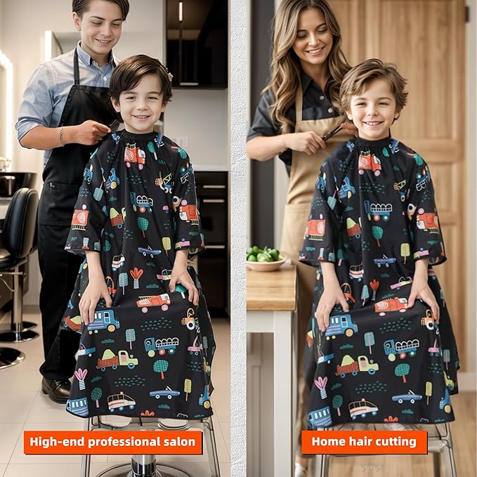 PERFEHAIR Kids Haircut Cape with Sleeves - Cute Cars Printing, Adjustable Neck Collar, Comfortable Barber Cape for Boys & Girls, Ideal for Home or Salon Use, Professional Hair Cutting Apron