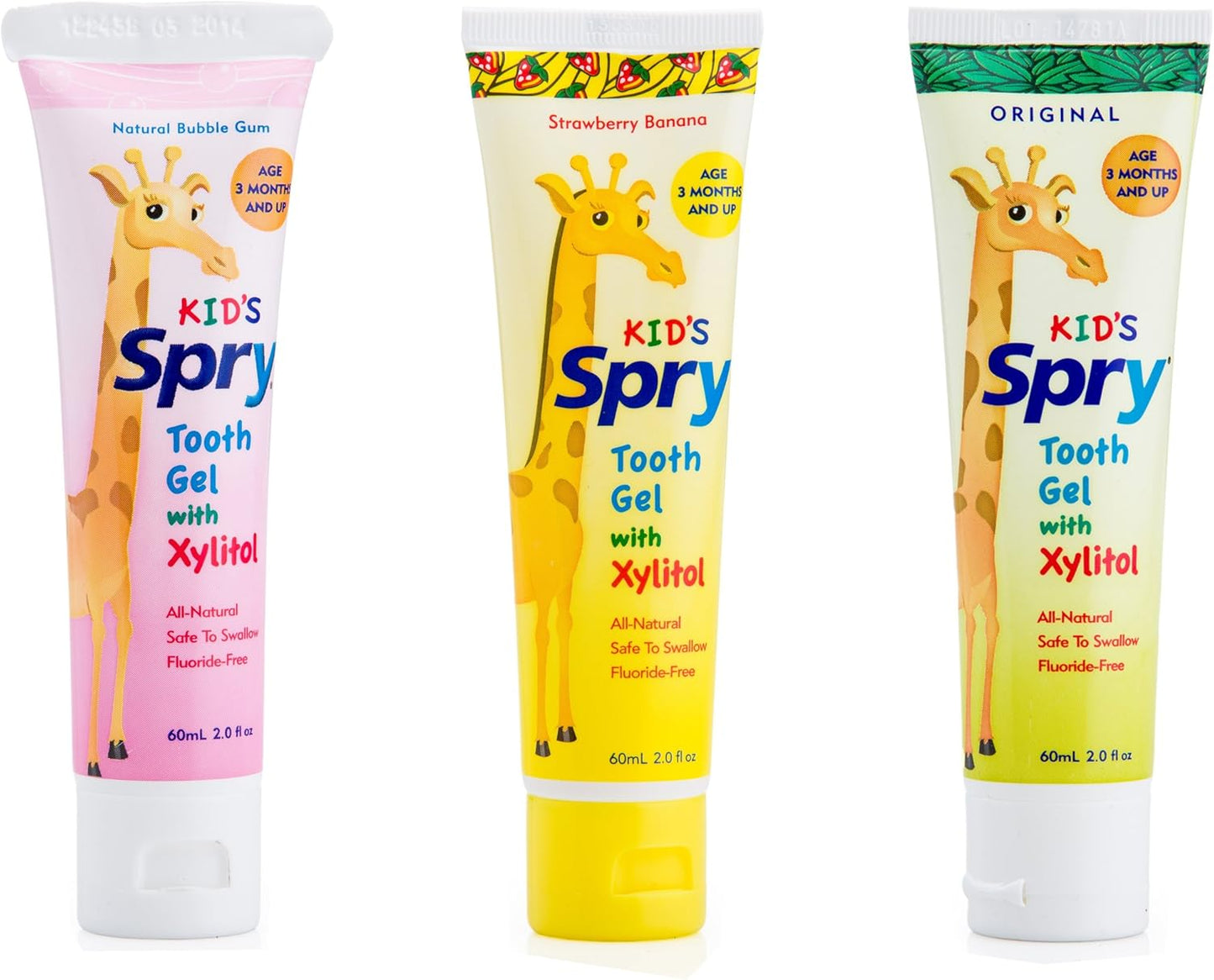 Spry Natural Xylitol Toothpaste for Baby, Toddler, Kids Age 3 Months Up - Fluoride Free Tooth Gel, Support Development of Emerging Teeth, Strawberry Banana, Bubblegum, Original, 2 Fl Oz (Pack of 3)