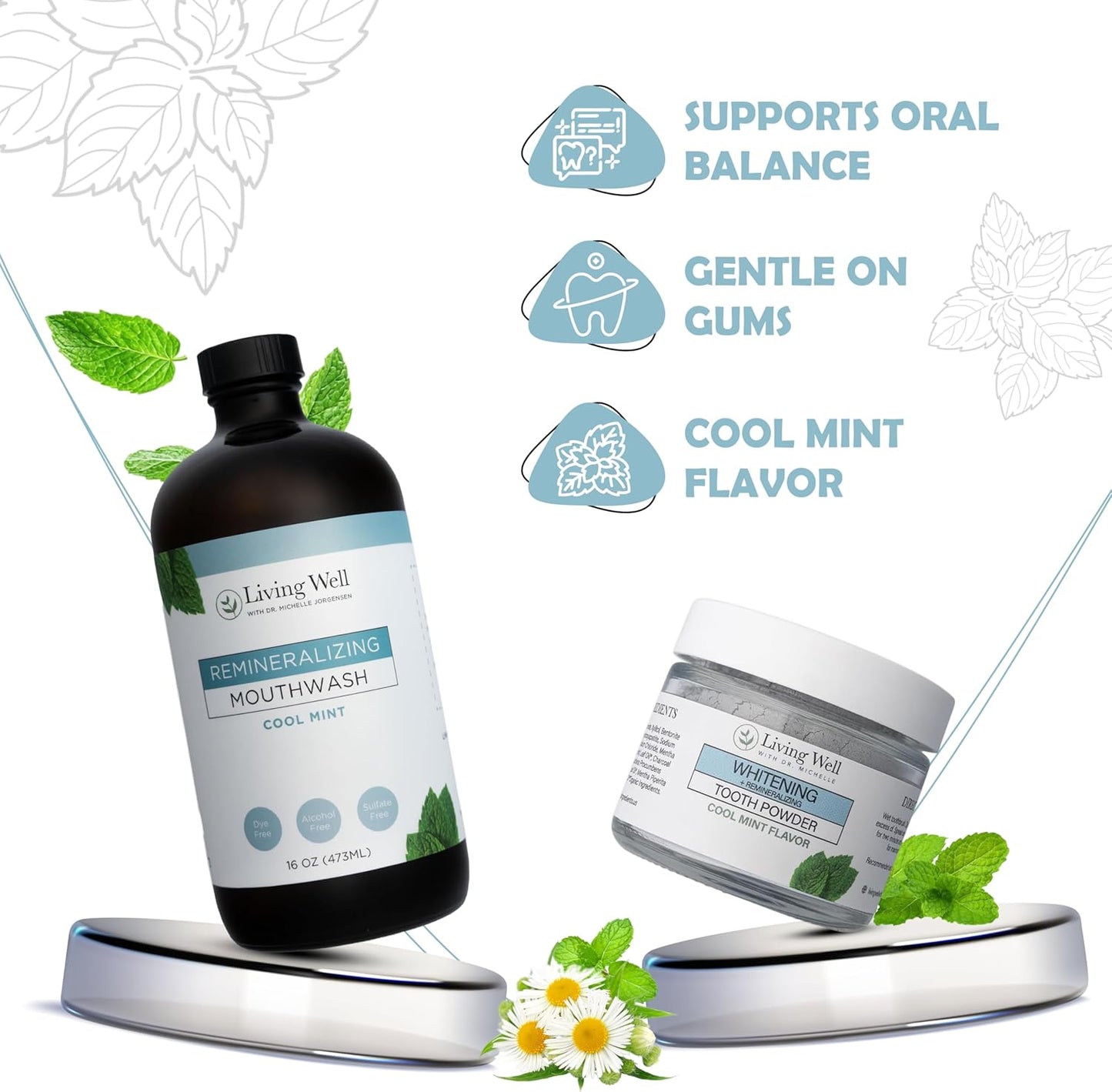 Living Well with Dr. Michelle Remineralizing & Whitening Bundle | Hydroxyapatite Tooth Powder & Cool Mint Mouthwash