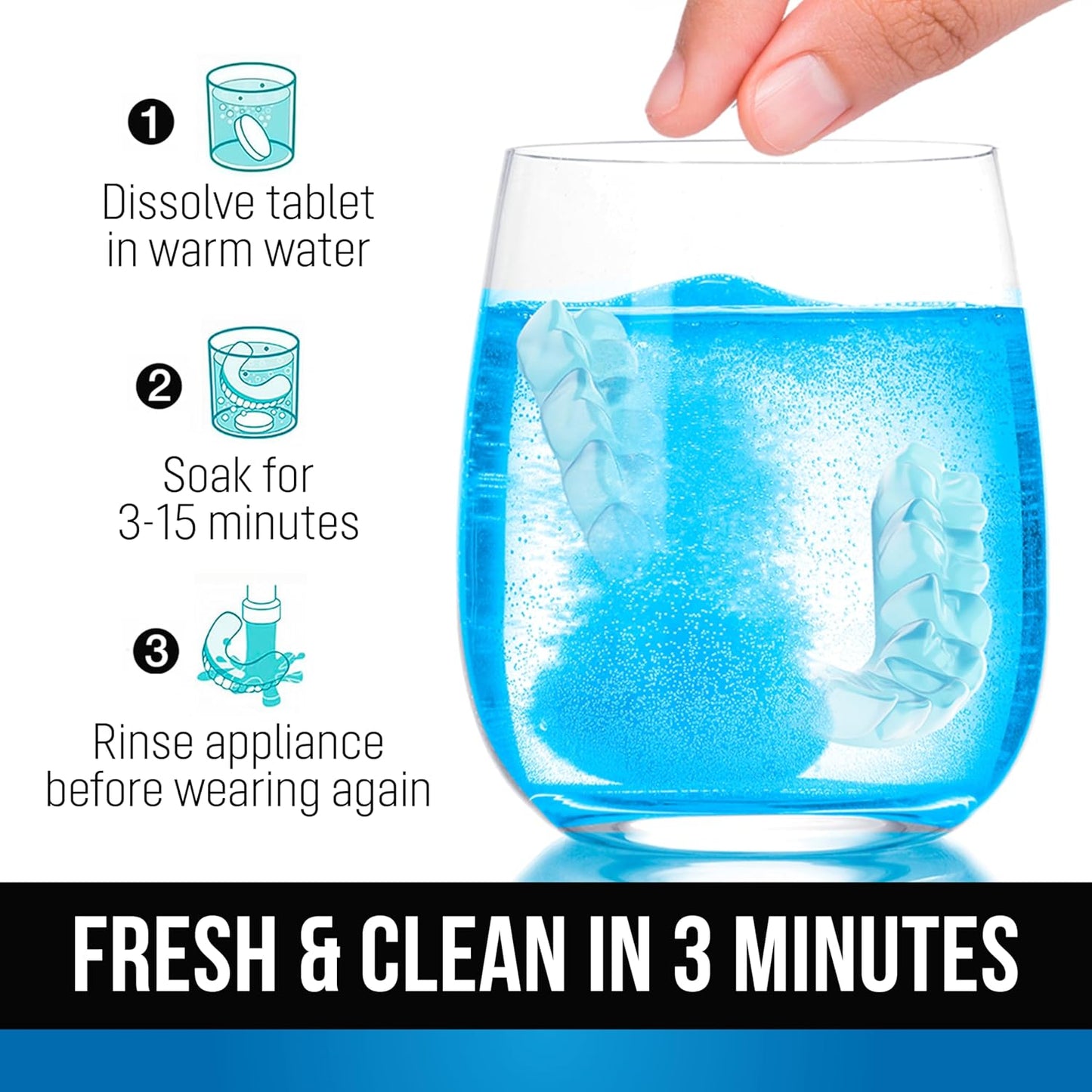 Retainer Cleaner Tablets - Quick 3-Minute Clean for Dentures, Mouth Guards, Aligners, and Night Guards - 120 Dental Cleansing Tablets - FSA HSA Approved Dental Appliance Cleanser