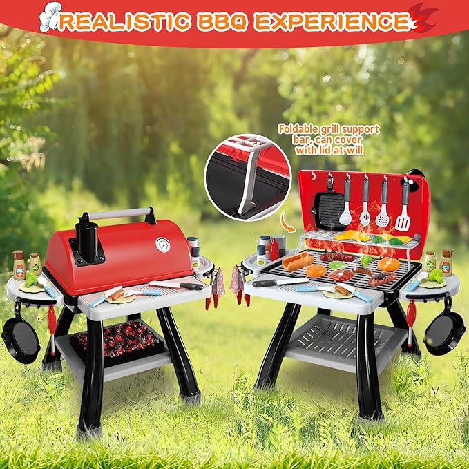 Kids Play Kitchen Toys, Kids BBQ Grill Kitchen Playset with Smoke, Sound & Light, Play Food Toys Cooking Set, 2-Layer Barbecue Outdoor Play Grill Toy Gift for Toddler Boys Girls 3-5