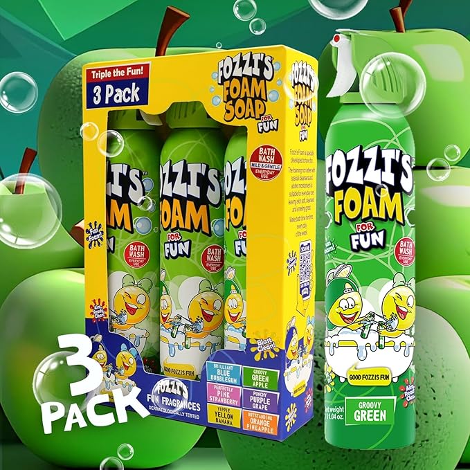 FOZZI’S Groovy Green Bath Foam Soap for Kids (3 Pack) - Fun Aerosol Spray - Squishy Bubble Soap for Playtime - Gentle Cleanser Foaming Body Wash - Safe Bath Fun for Everyday Wash