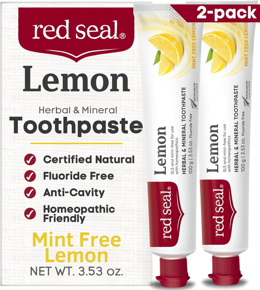 Red Seal Fluoride Free Lemon Toothpaste - Flavored Toothpaste with a Non Mint Taste - Vegan Friendly, Cruelty Free, No Artificial Colors or Flavors, NATRUE Certified Natural, SLS Free, 3.53 oz (2)
