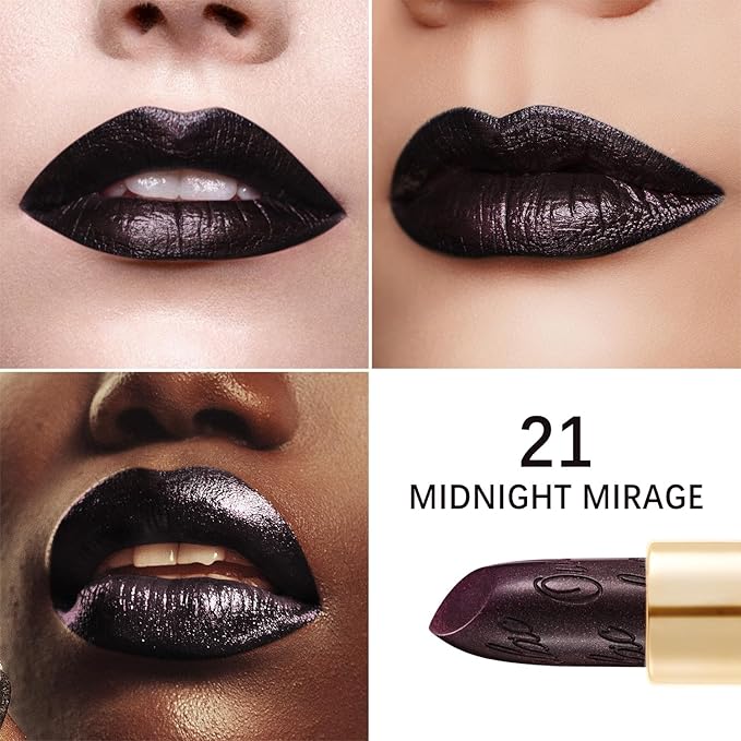 Oulac Halloween Black Lipstick for Women, Black with Raspberry Shimmer, High-Impact Lipcolor with Moisturizing Creamy Formula, Vegan & Cruelty-Free, Midnight Mirage (21)