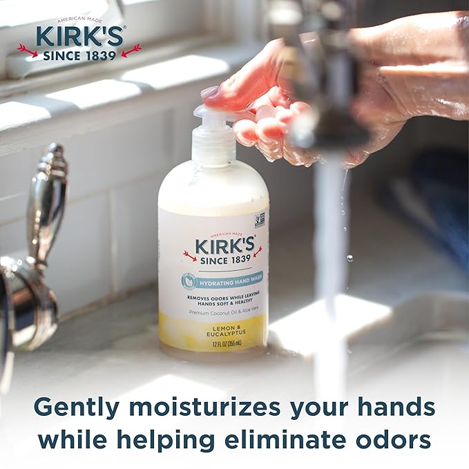 Kirk's Odor-Neutralizing Clean Hand Soap Castile Liquid Soap Pump Bottle | Moisturizing & Hydrating Kitchen Hand Wash | Lemon & Eucalyptus Scent | 12 Fl Oz. Bottle