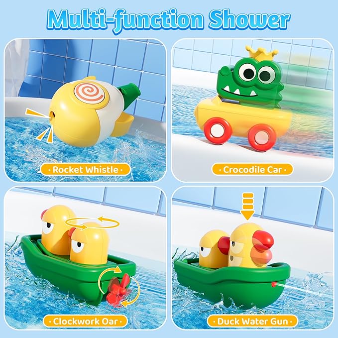FlowFun Bath Toy Set: Electric Shower with 360° Rotate, Rocket Whistle, Cute Car Toy & Little Yacht | Interactive Water Play Kit for Toddlers 18 Months +