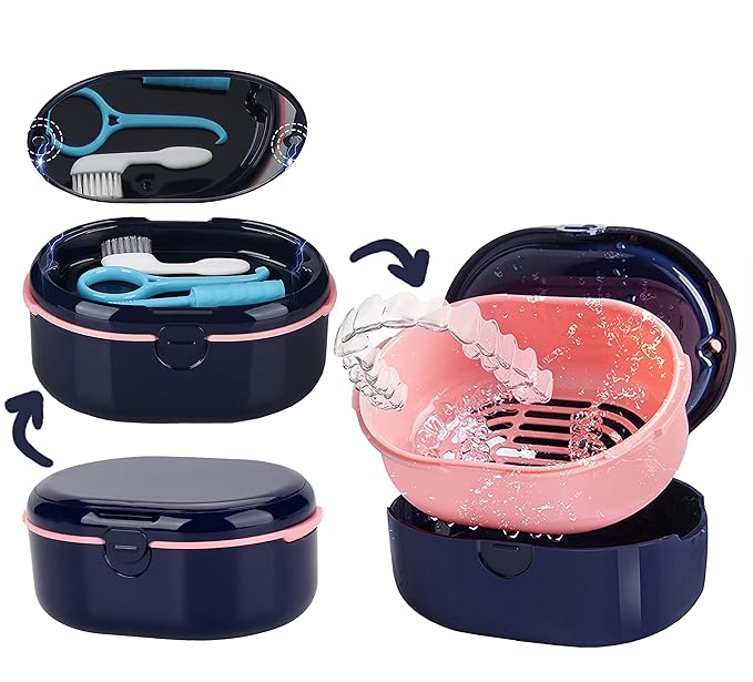 MURRI&MURRDI Retainer Case, Denture Bath Box with Strainer Basket, Mouth Guard Case, Braces Cleaner Cup, Cute Denture Holder Retainer Storage Soak Container for Travel (D Dark Blue)