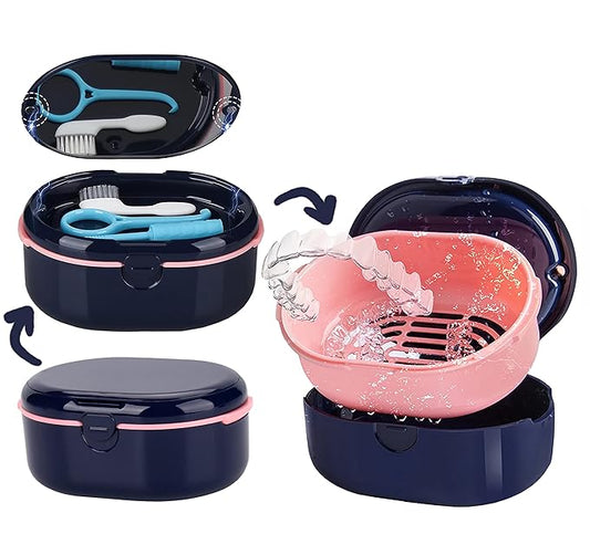 MURRI&MURRDI Retainer Case, Denture Bath Box with Strainer Basket, Mouth Guard Case, Braces Cleaner Cup, Cute Denture Holder Retainer Storage Soak Container for Travel (D Dark Blue)
